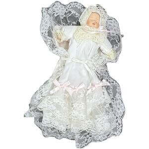 Miniature Porcelain Baby Doll in White Lace Bonnet Collectible Decor